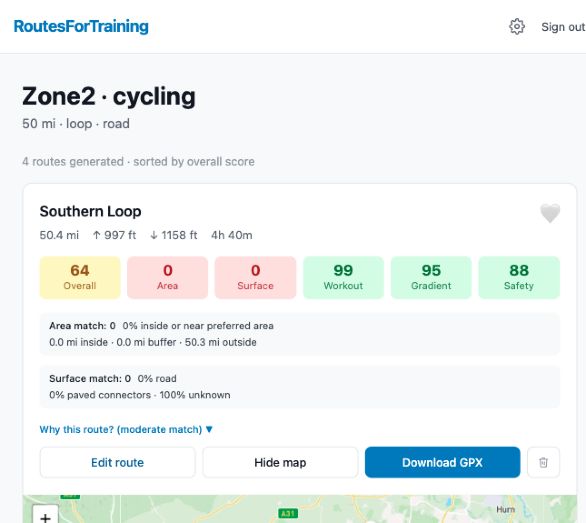 Generated Zone 2 route with workout, gradient and safety scores